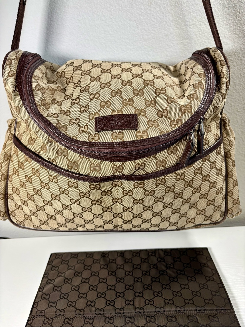 GUCCI GG monogram canvas messenger-style baby diaper bag, W/GG changing pad